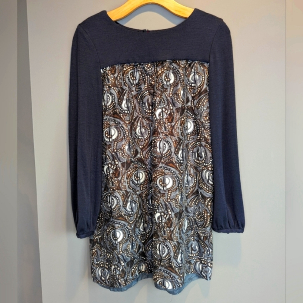 Tibi Silk & Wool Tunic Top Navy and Neutrals Size Small / Medium